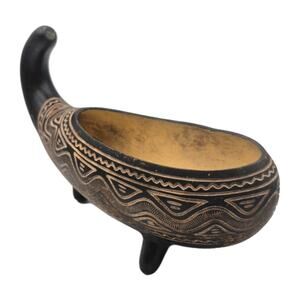 Carved Wood Ceremonial Bird Bowl Incised Geometric Patterns Black Tan 15x6x9"